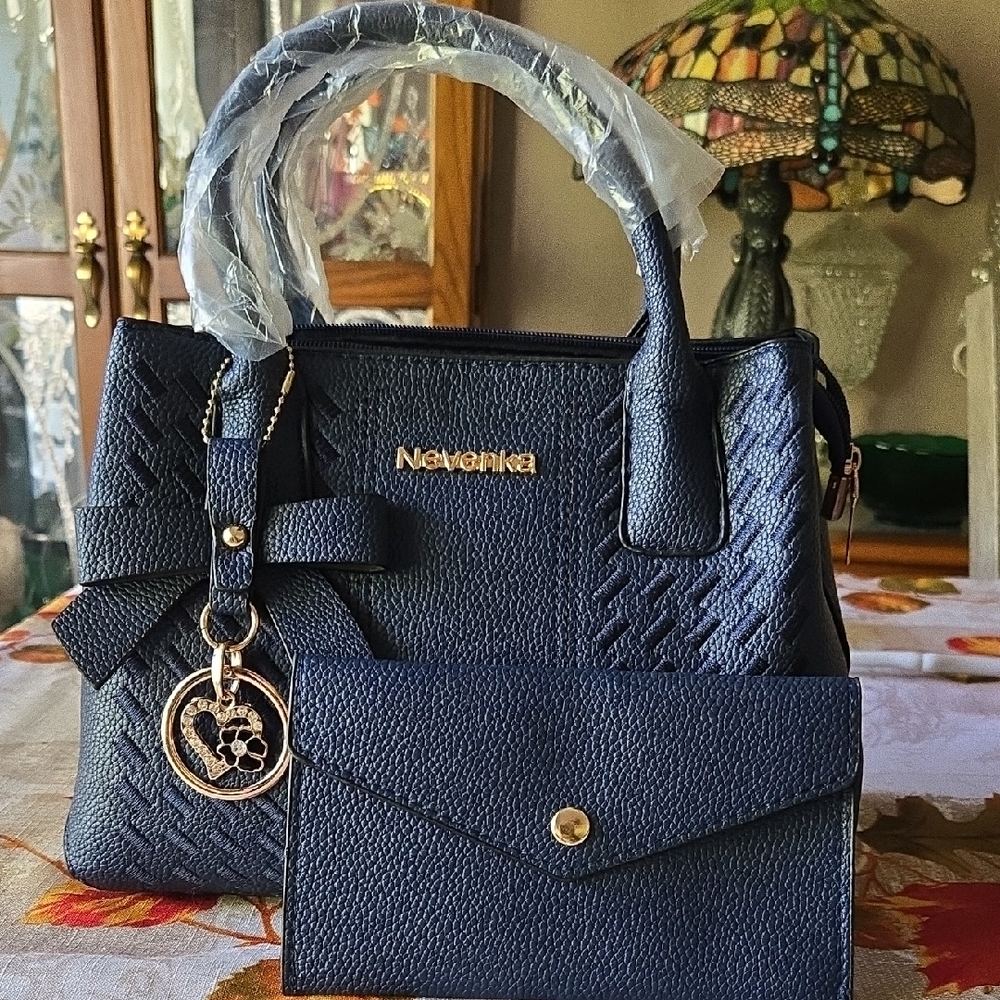 Navy Blue Women's Satchel and Wallet Set
